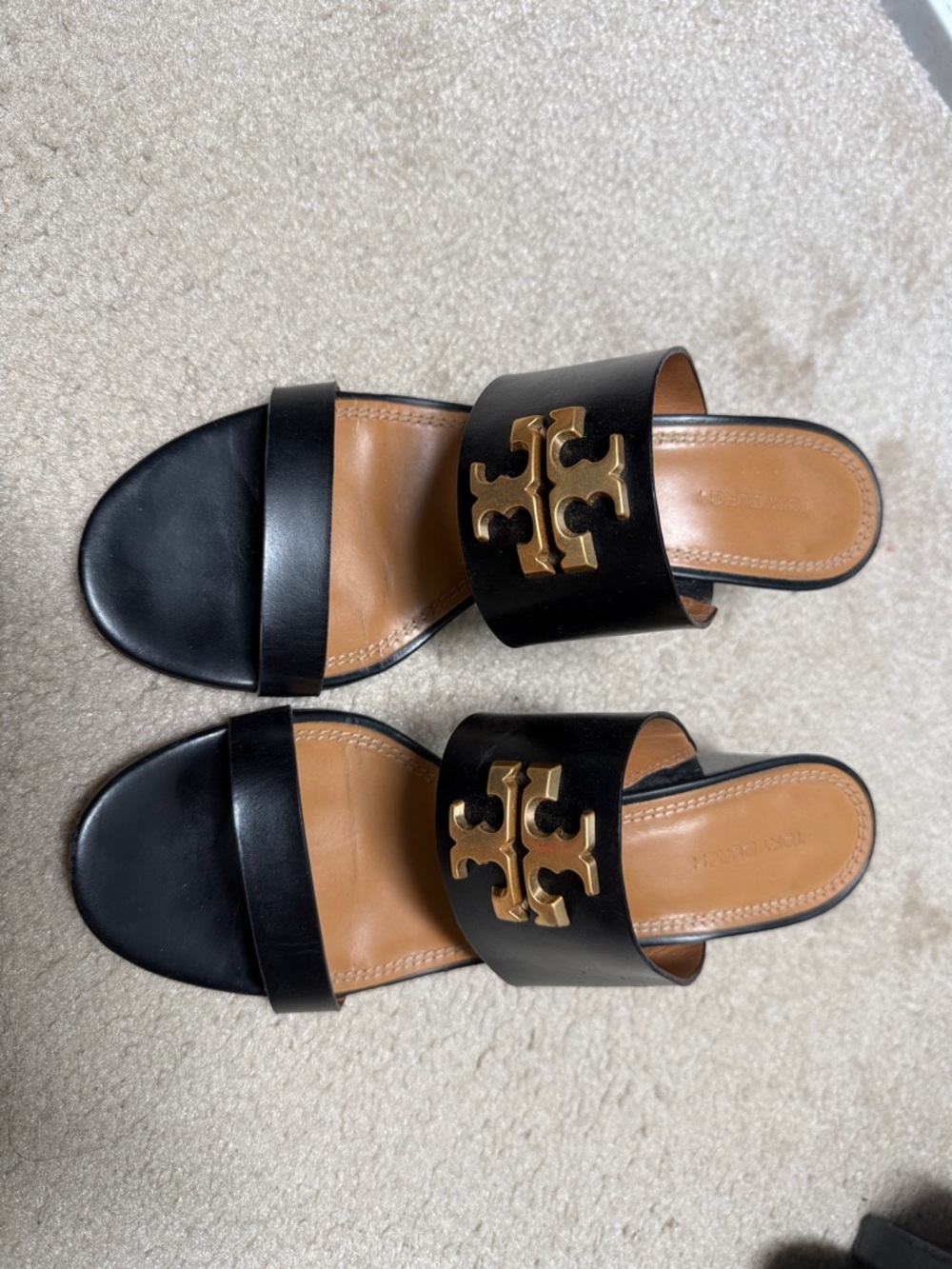 Tory Burch Black Leather Slide Sandals with Gold Logo Medallion